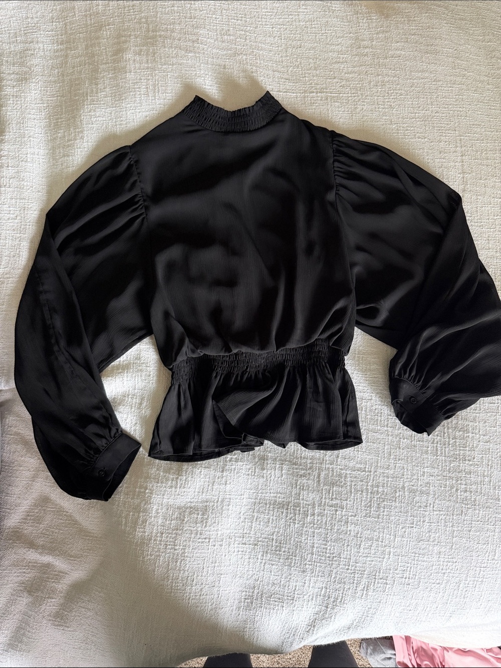 HYFVE Black Smocked Waist Peplum Blouse with Balloon Sleeves